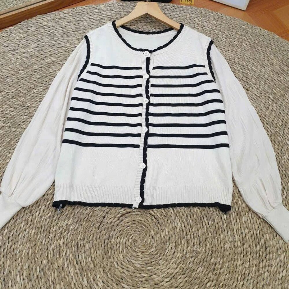 White Black Stripe Knit Cardigan Ruffle Trim Puff Sleeve Button Front Sweater
